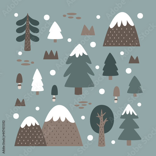 Christmas cute winter forest vector clipart set with Christmas trees, stones, mountains, plants, mushrooms, bushes in trendy scandinavian Boho style