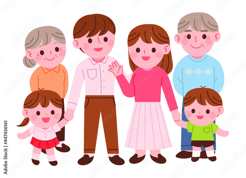 Three generations of extended family are standing and smiling. Grandparents, young parents, kids characters vector illustration.