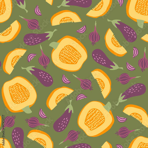 Seamless pattern with pumpkin  eggplant and onions on a green background. Ripe autumn vegetables for kitchen textile design. Flat vector illustration.