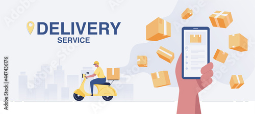 The driver delivers parcels with a scooter. express delivery service concept distribution delivery. vector illustration.