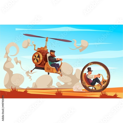 Two men at the wheel of a vintage steampunk-style monocycle and a flying rotor car