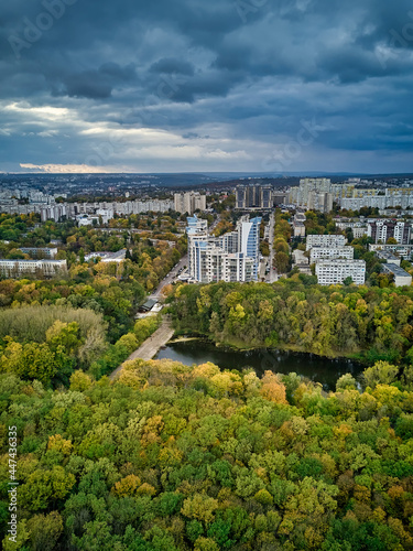 Fototapeta Naklejka Na Ścianę i Meble -  Aerial view of the city at sunset. Beautiful autumn city landscape. Kishinev, Moldova republic of.