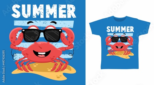 Summer cool crab illustration t-shirt design vector concept.