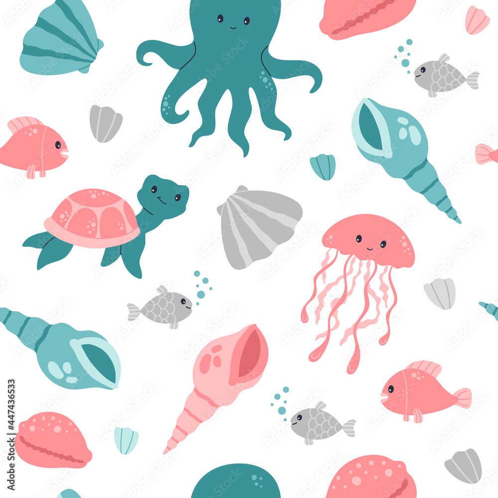 Photo & Art Print Kawaii seamless pattern with cute baby octopus, jelly fish and turtle, Alice photo-art-print-kawaii-seamless-pattern-with-cute-baby-octopus-jelly-fish-and-turtle-alice