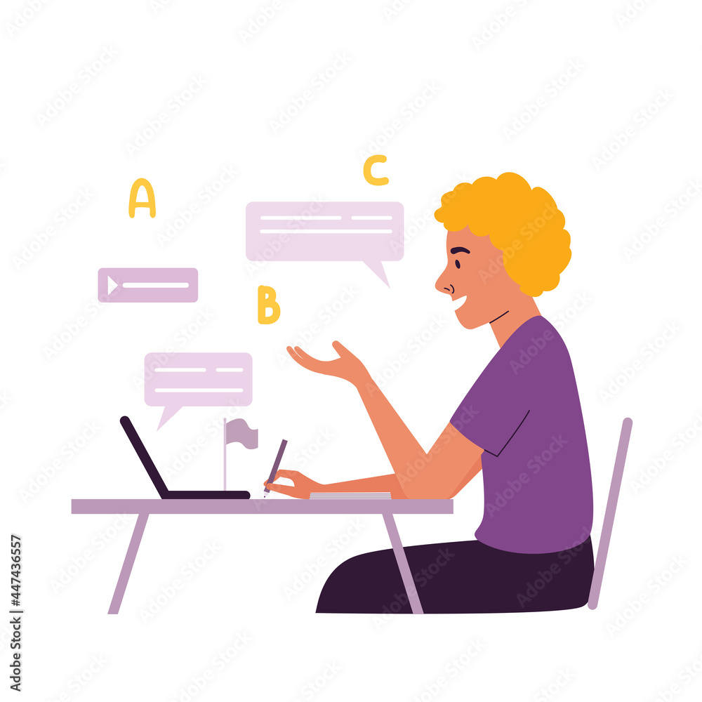 Сoncept of online education, training and courses, learning, video tutorials. A young man learns languages online at home. Vector illustration in a flat cartoon style.