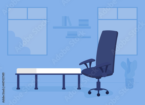 Furniture for consulting room flat color vector illustration. Organizing furnished psychotherapy office. Hospital environment 2D cartoon interior with couch and office chair on background