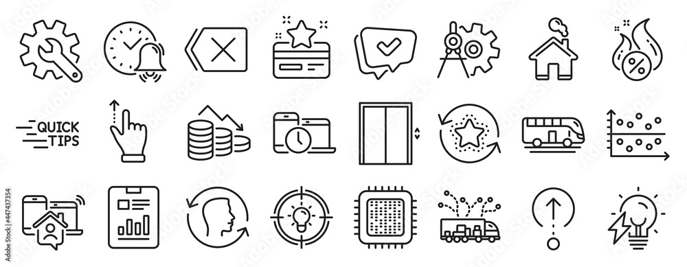 Set of Technology icons, such as Loyalty card, Cogwheel dividers, Education icons. Electricity bulb, Face id, Bus tour signs. Remove, Lift, Time management. Idea, Money loss, Home. Vector