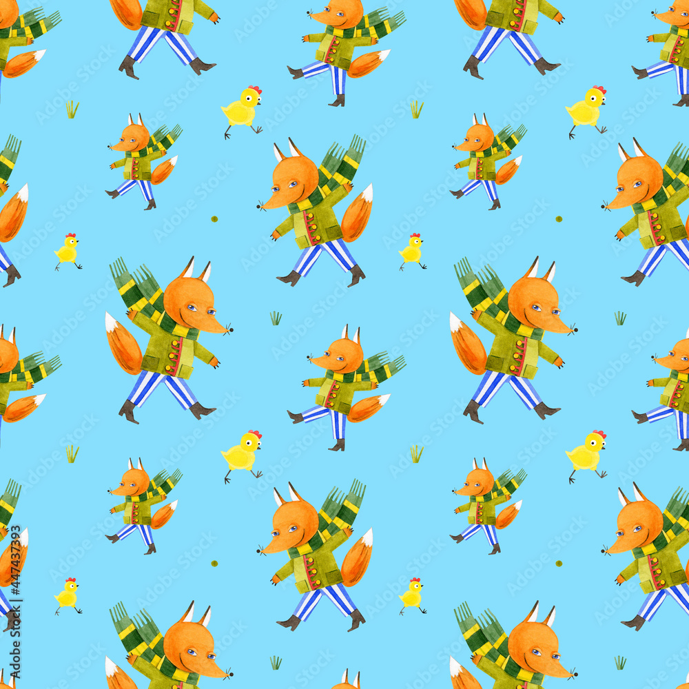 Seamless pattern of sly Fox and funny yellow chickens. Cute cartoon animals. Hand-drawn watercolor illustrations on a blue background. Design for postcards, packaging, textiles, prints, wallpaper.