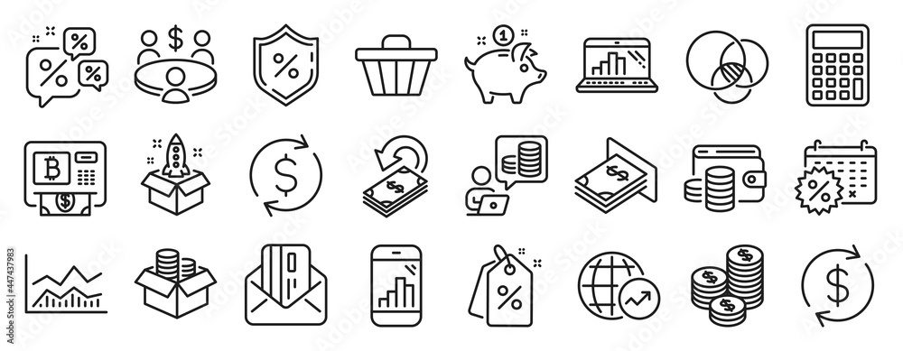 Set of Finance icons, such as Graph laptop, Dollar exchange, Euler diagram icons. Usd exchange, Meeting, Shop cart signs. Budget accounting, Coins, Calendar discounts. Discount tags. Vector Set of Finance icons, such as Graph laptop, Dollar exchange, Euler diagram icons. Usd exchange, Meeting, Shop cart signs. Budget accounting, Coins, Calendar discounts. Discount tags. Vector