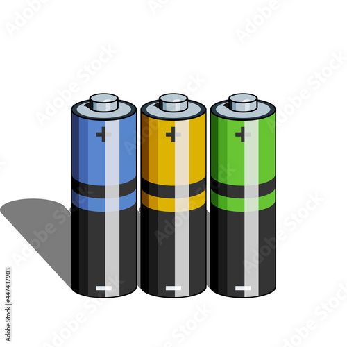 Several AA or AAA batteries of different colors on a white background with a long shadow. Vector illustration