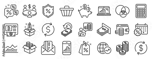 Set of Finance icons, such as Graph laptop, Dollar exchange, Euler diagram icons. Usd exchange, Meeting, Shop cart signs. Budget accounting, Coins, Calendar discounts. Discount tags. Vector