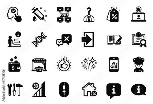 Vector Set of Business icons related to Reject, 5g wifi and Cooking chef icons. Select user, Swipe up and Online voting signs. Chemistry dna, Medical syringe and Online market. Certificate. Vector