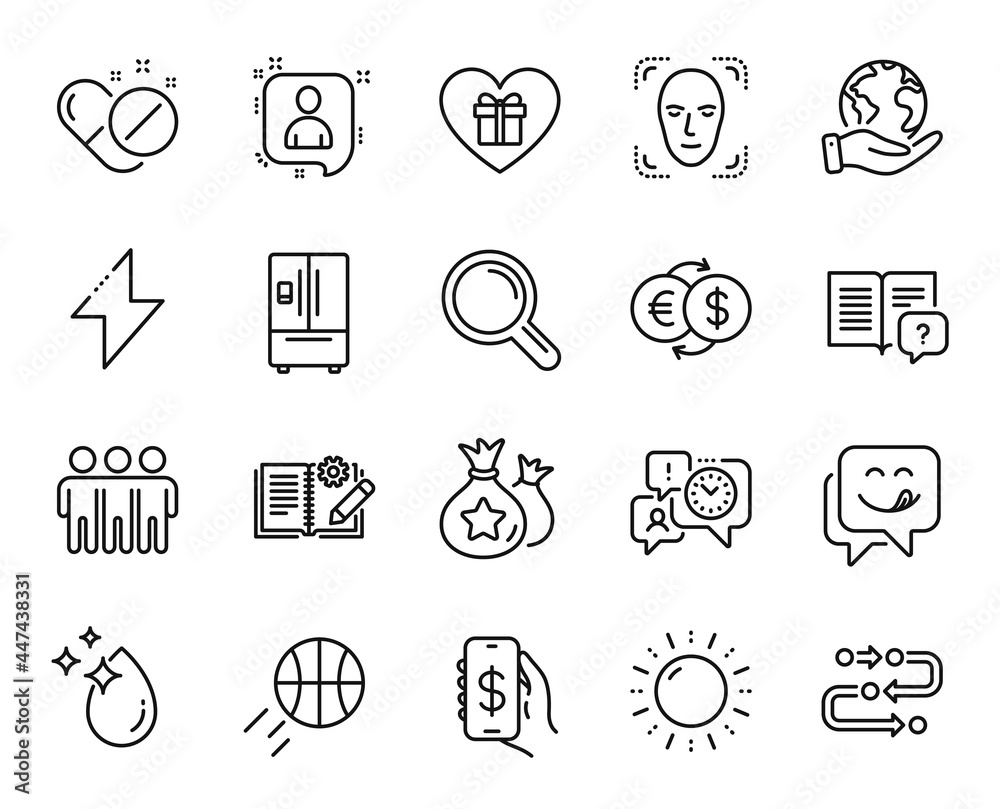 Vector set of Money exchange, Developers chat and Medical pills line icons set. Water drop, Sun energy and Instruction manual icons. Time management, Research and Energy signs. Vector