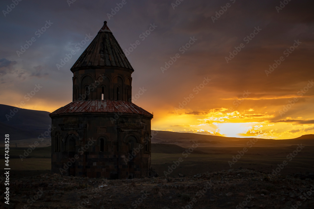Fototapeta premium Kars Province Ani Ruins, Setting sun view