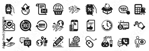 Set of Technology icons, such as Time, Drag drop, Organic product icons. 360 degrees, Airplane, Outsource work signs. Quick tips, Dermatologically tested, Seo graph. Cogwheel, Mail letter. Vector