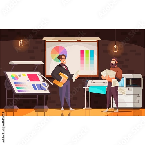Happy print shop workers hold printed documents in office with machines and color palettes of caricature illustration. Cartoon Printing House Illustration