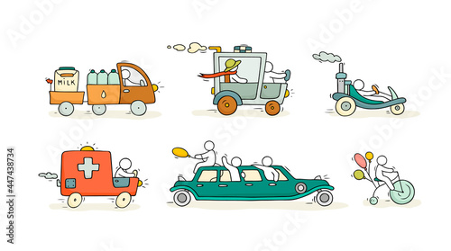 Sketch set with cute cars and people