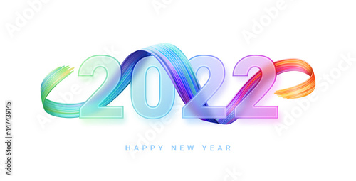 Happy New year transparent gradient glass numbers, blur, multicolored brushstroke, glassmorphism greeting card design element. Vector 2022 and glossy garland, Christmas holiday celebration