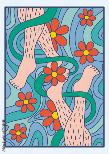 Natural beauty illustration. Feminism, body positivity, leg hair, retro, cartoon style. Legs, flowers, abstract background.