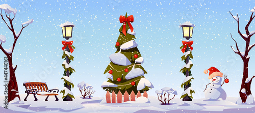 Winter holidays Christmas landscape, street decorations in snow. Vector white snowy trees, decorated lanterns with garlands and red bow, New Year tree with toys, snowman in red hat, bench and fence