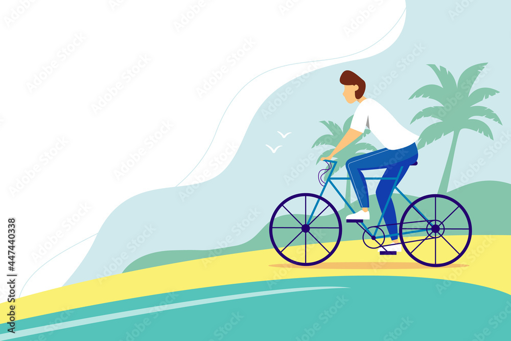 Young man riding a bike on the beach. Summer vector illustration. Active lifestyle concept.