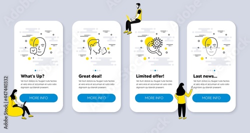Vector Set of Medical icons related to Face accepted, Coronavirus research and Cough icons. UI phone app screens with people. Face recognition line symbols. Vector