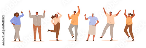 Diverse happy people jumping, dancing and showing different positive emotions and gestures. Characters raising hands, moving and having fun. Flat cartoon vector illustration.
