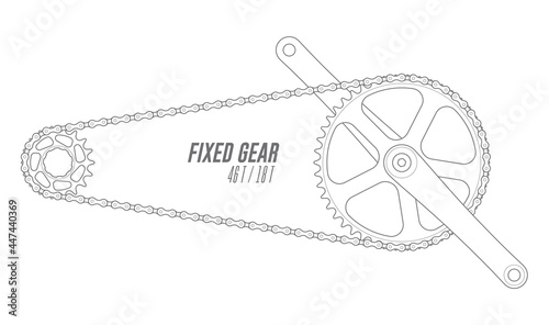 Vector black line bicycle crank with chain. Fixed gear. Single Speed. Isolated on white background.