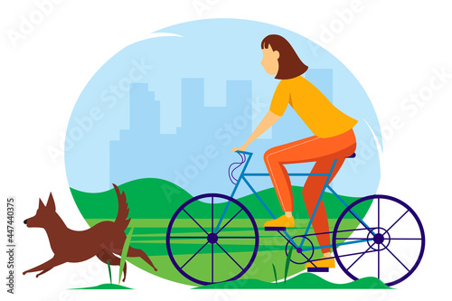 Young girl riding a bicycle in the park with a dog. Summer vector illustration.