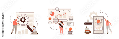 Characters discussing marketing and seo strategy. People analyzing market trends and planning seo optimization. Seo targeting and performance concept. Flat cartoon vector illustration and icons set.