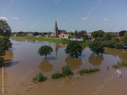 Flooded land and floodplains, drowned trees, river Maas village Appeltern