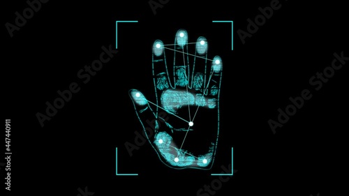 Biometric handprint scan over black background. Moving frame with neon light. Human identification and security control concept.