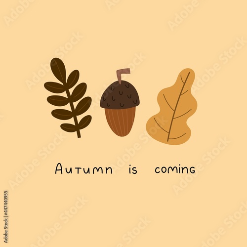 Autumn is coming. Cartoon acorn, leaves, hand drawing lettering, decor elements. Colorful vector illustration, flat style. design for cards, print, poster