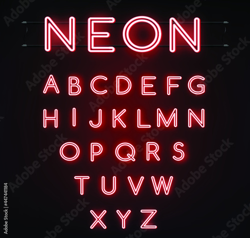 Neon red font vector illustration. Red neon light letters. Glowing alphabets. A-Z Letters.
