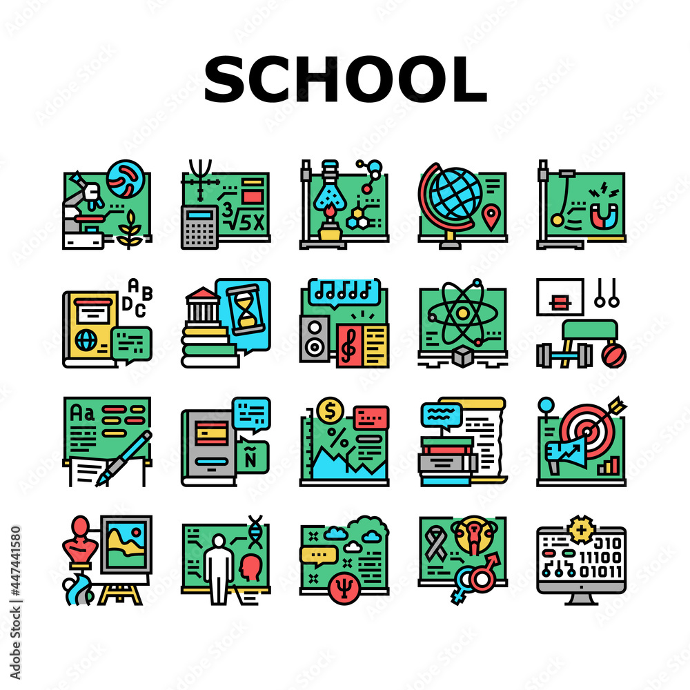 School Subjects Learn Collection Icons Set Vector. Geography And Literature, Spanish And English Language, History And Physics School Subjects Studying Line Pictograms. Contour Color Illustrations