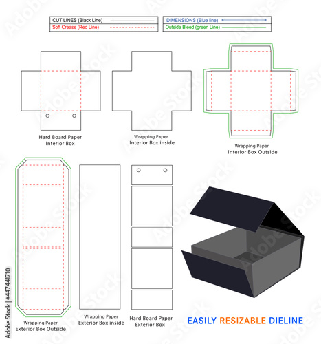 Five face magnetic closer rigid box, Custom luxury rigid boxes dieline template and 3D box