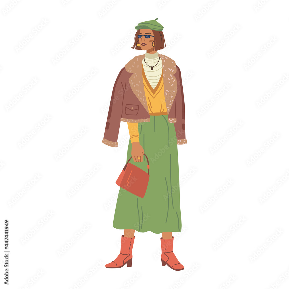 Woman in fashionable urban street style cloth, winter collection isolated flat cartoon character. Vector stylish lady in long green skirt and beret cap, red leather bag and boots, feather jacket