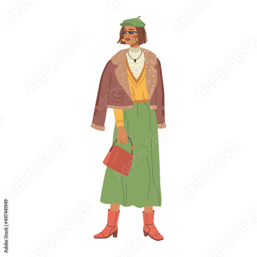 Woman in fashionable urban street style cloth, winter collection isolated flat cartoon character. Vector stylish lady in long green skirt and beret cap, red leather bag and boots, feather jacket
