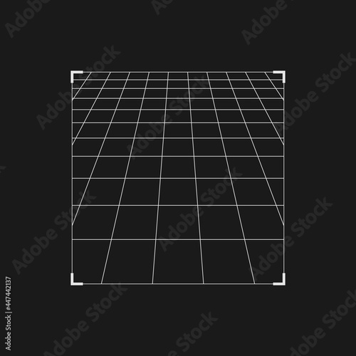 Retrofuturistic perspective grid in the frame. Digital cyber retro design element. Grid in cyberpunk 80s style. Perspective geometry for poster, cover, merch in retrowave style. Vector