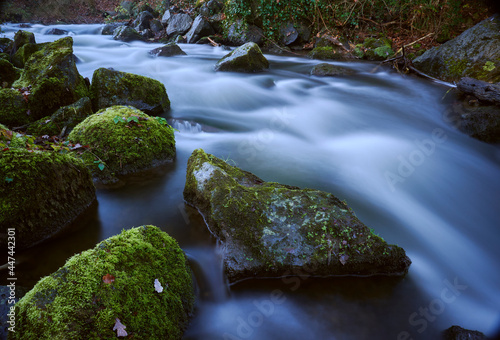 silky flowing water in a cold valley in early spring photo