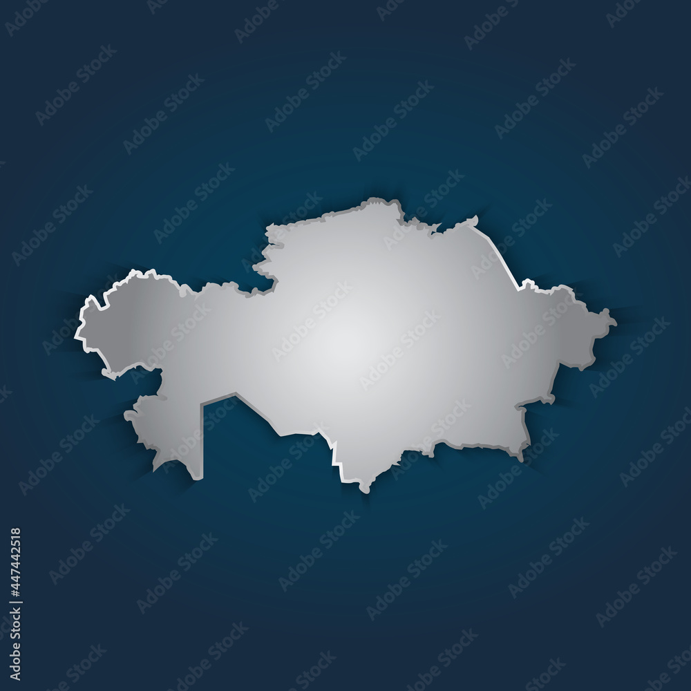 Kazakhstan map 3D metallic silver with chrome, shine gradient on dark blue background. Vector illustration EPS10.