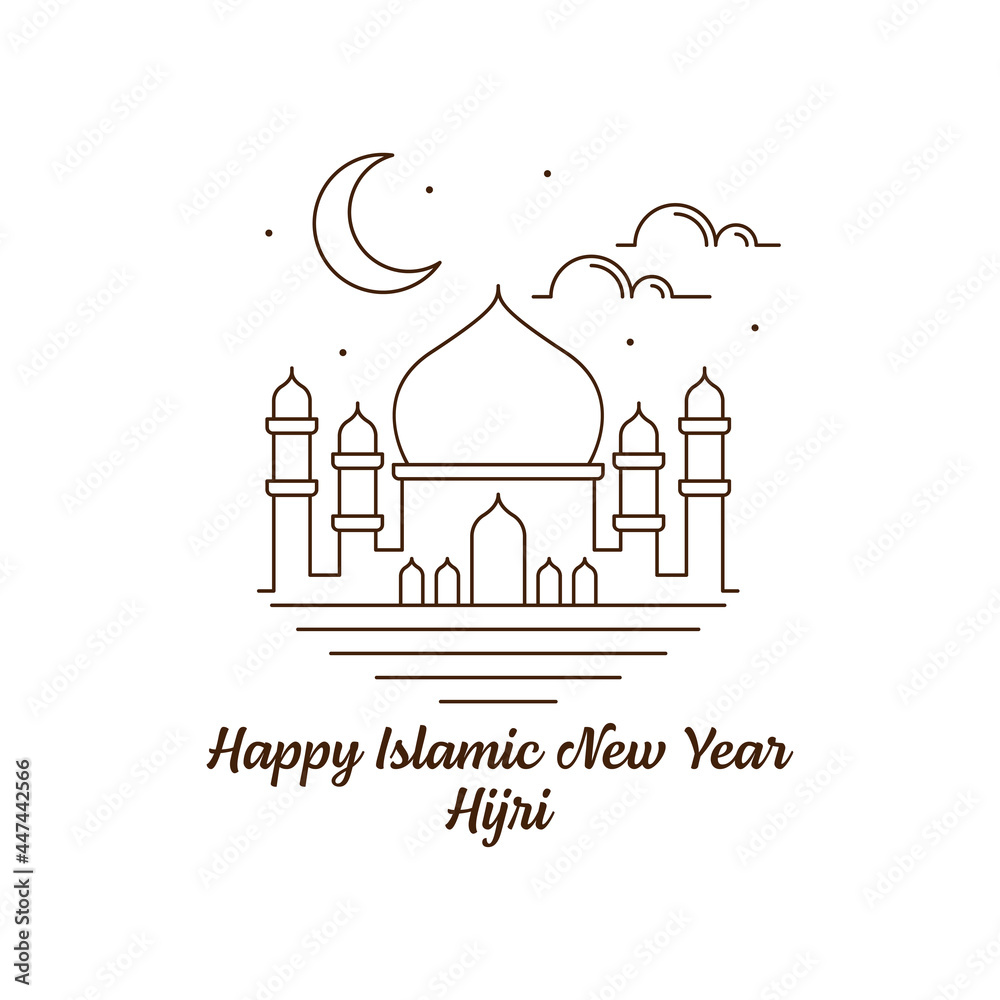 Happy islamic new year hijri monoline or line art style vector illustration