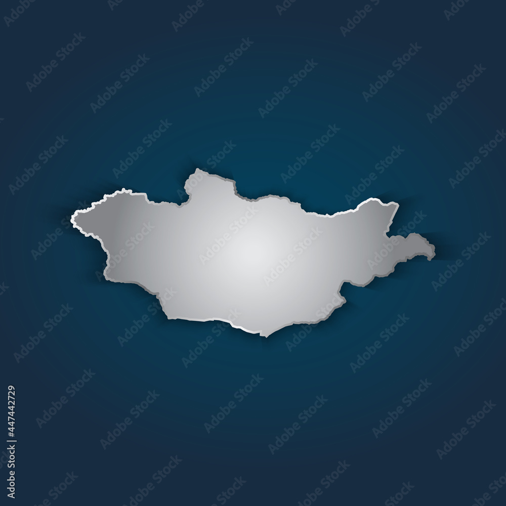 Mongolia map 3D metallic silver with chrome, shine gradient on dark blue background. Vector illustration EPS10.