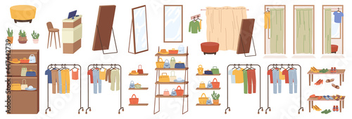 Accessories, elements of shop furniture clothing isolated flat cartoon icons set. Vector large wardrobes closets with fashion cloth, hangers with hanging dress, shirts, trousers, mirrors, fitting room