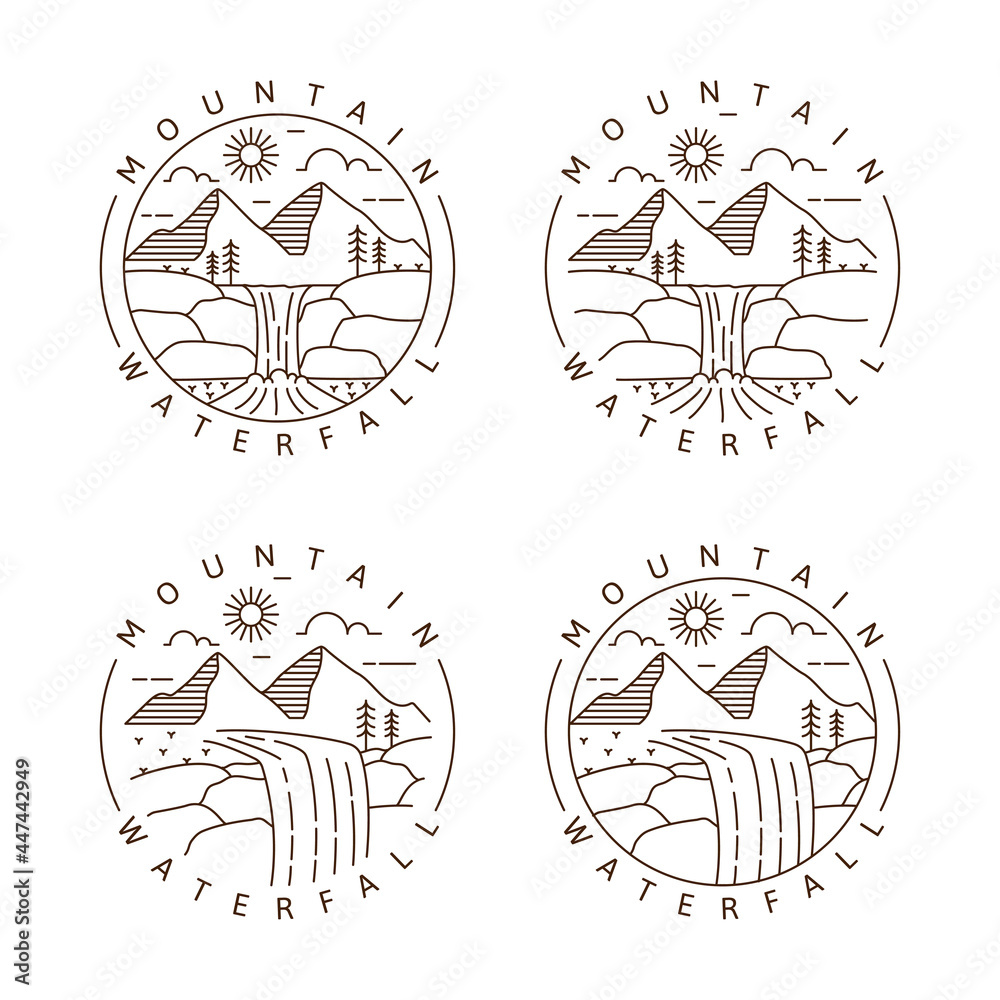 Set of mountain and waterfall outdoor monoline or line art style vector illustration