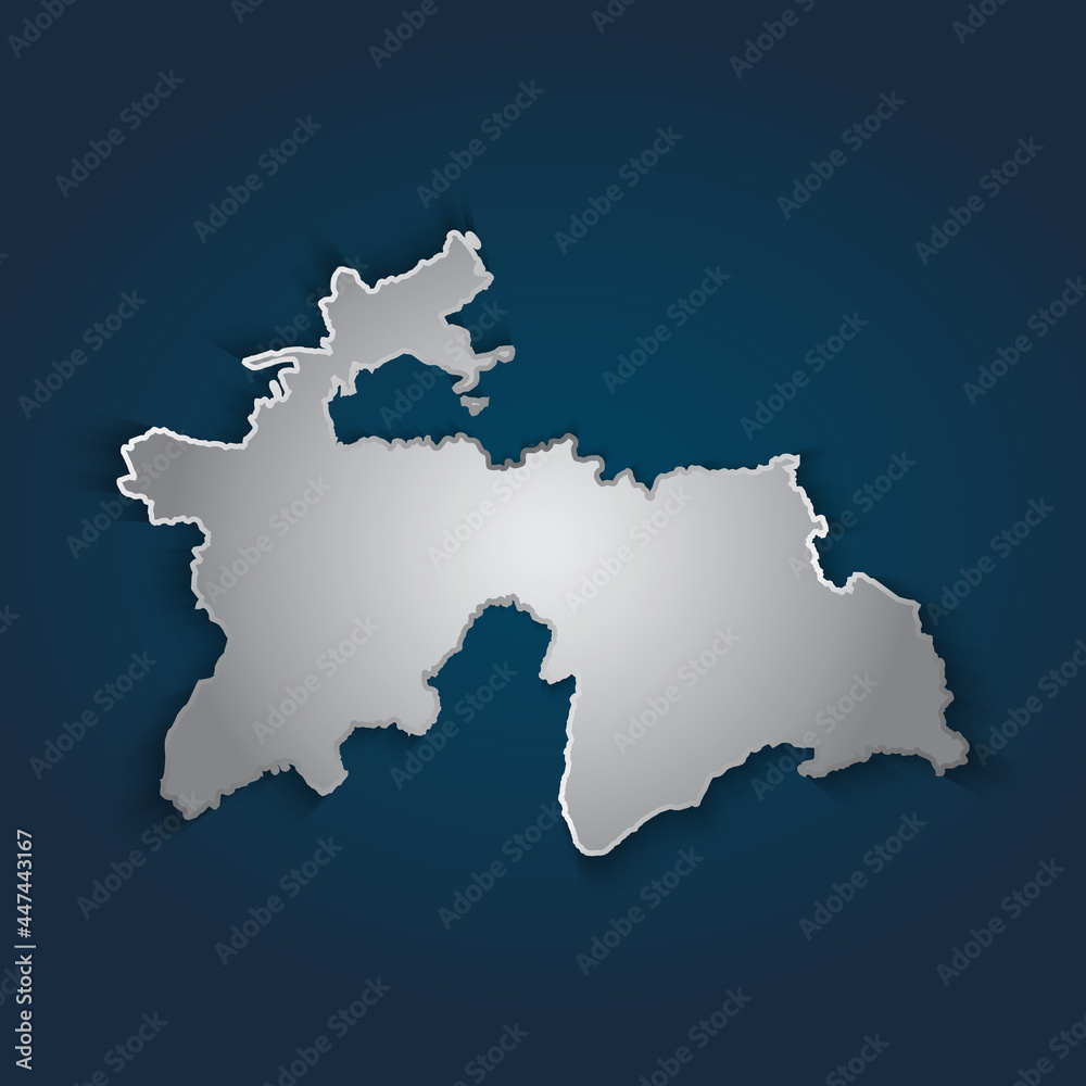 Tajikistan map 3D metallic silver with chrome, shine gradient on dark blue background. Vector illustration EPS10.