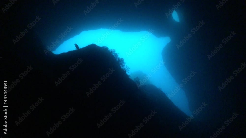 Underwater cave with two openings one very big and a small one Underwater cave with two openings one very big and a small one