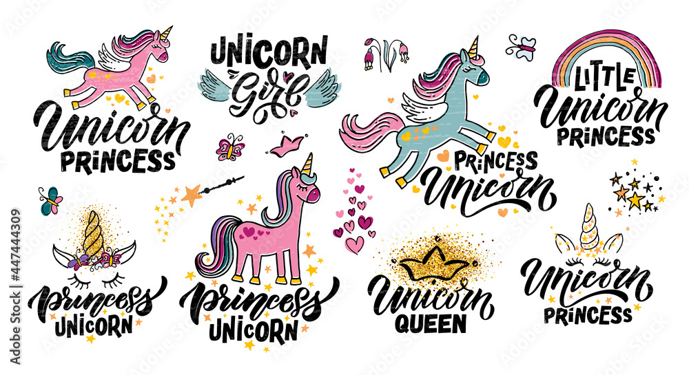 Hand sketched unicorn vector illustration with lettering typography quotes. Motivational quotes concept for children t-shirt print. Unicorn logotype, badge, icon. Unicorn logo, banner, flyer. eps 10