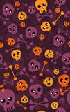 Halloween Festive Seamless Pattern.Endless Bright Background with Orange Skulls , Bones.All Saints Day Banner.Bright Skull Greeting Card. Happy Halloween.Ghost Textile Print.Spooky Vector Illustration