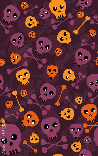 Halloween Festive Seamless Pattern.Endless Bright Background with Orange Skulls   Bones.All Saints Day Banner.Bright Skull Greeting Card. Happy Halloween.Ghost Textile Print.Spooky Vector Illustration
